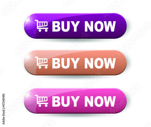 BUY NOW button.  3d vector in pink, coral and violet colors isolated on white background.