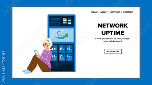 Network Uptime Of Server Digital Technology Vector. Network Uptime Of Computing Equipment, Young Girl Connect Internet And Searching Information Online. Character Web Flat Cartoon Illustration