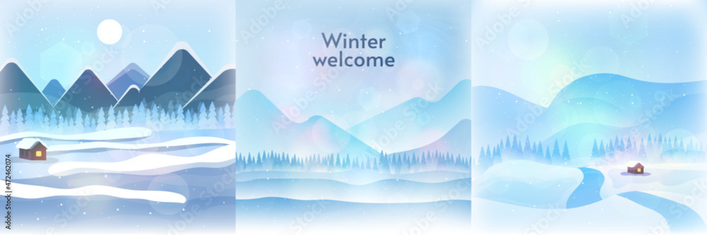 Set of winter landscapes. Flat style. Snowy backgrounds. Snowdrifts. Snowfall,  blizzard, snowy weather. Vector illustration design for banner, poster, greeting or business card. 