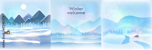 Set of winter landscapes. Flat style. Snowy backgrounds. Snowdrifts. Snowfall,  blizzard, snowy weather. Vector illustration design for banner, poster, greeting or business card. 
