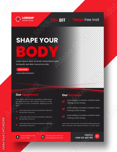 Fitness gym Corporate business flyer design template with black and red color. gym flyer  Fitness gym flyer