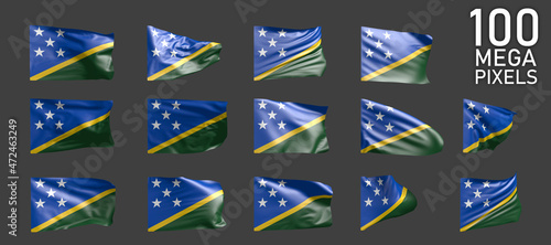 Solomon Islands flag isolated - different realistic renders of the waving flag on grey background - object 3D illustration