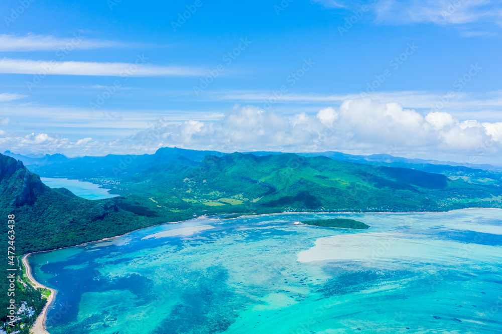 Aerial panoramic view of Mauritius island - Detail of Le Morne B