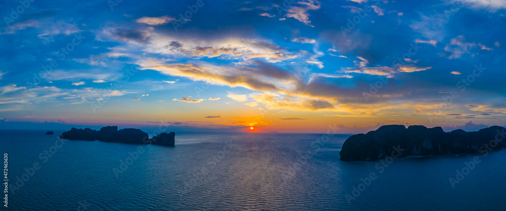 Amazing sunset aerial view of Nui Beach from drone. Ko Phi Phi D - obrazy, fototapety, plakaty 