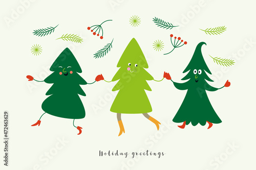 Christmas card. Cute cartoon Christmas trees	
