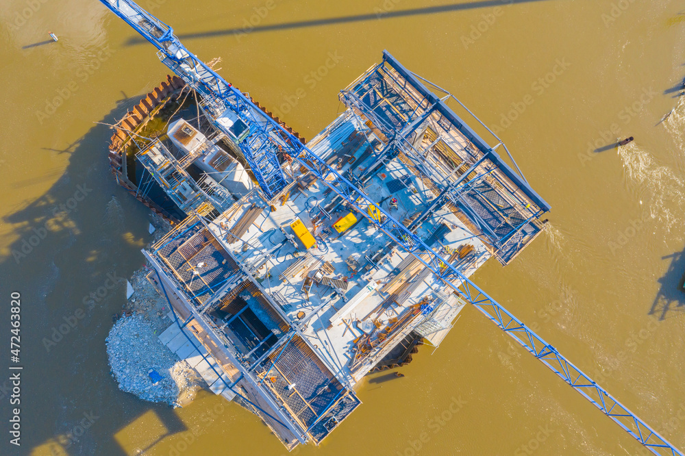 Aerial view of highway bridge under construction. Poland Warsaw,