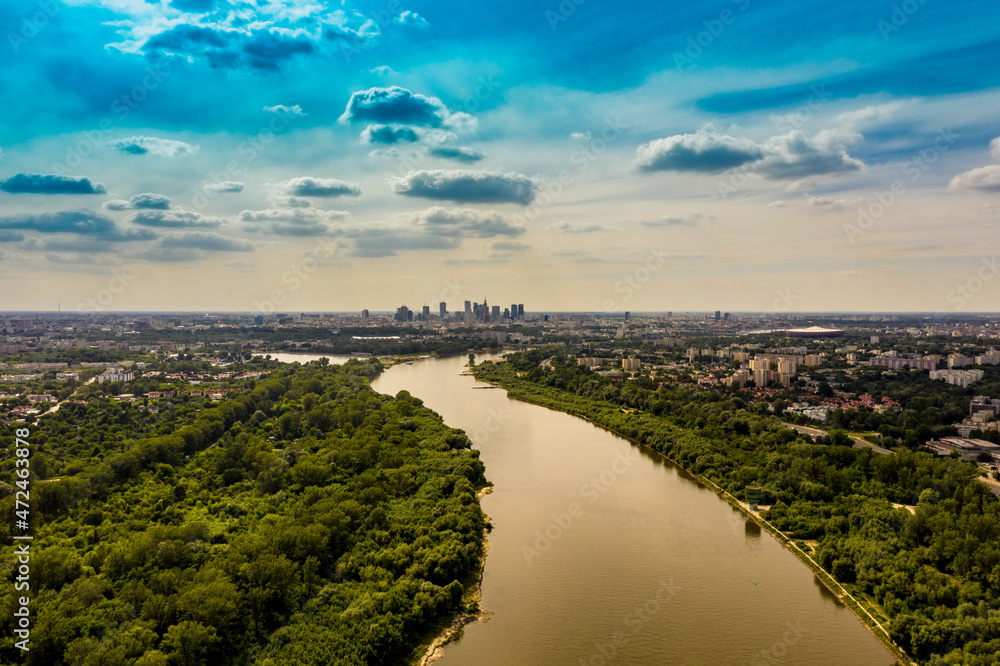 Aerial view of Vistula river and Warsaw city center
