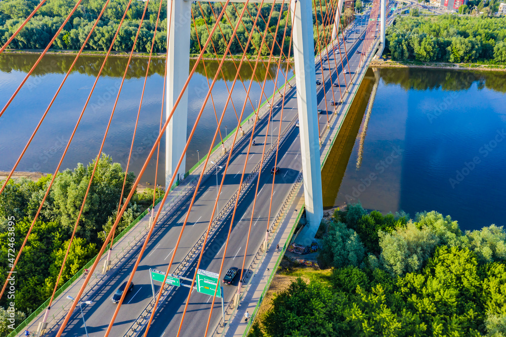 Obraz premium Aerial Drone Flight top down View of freeway busy city rush hour