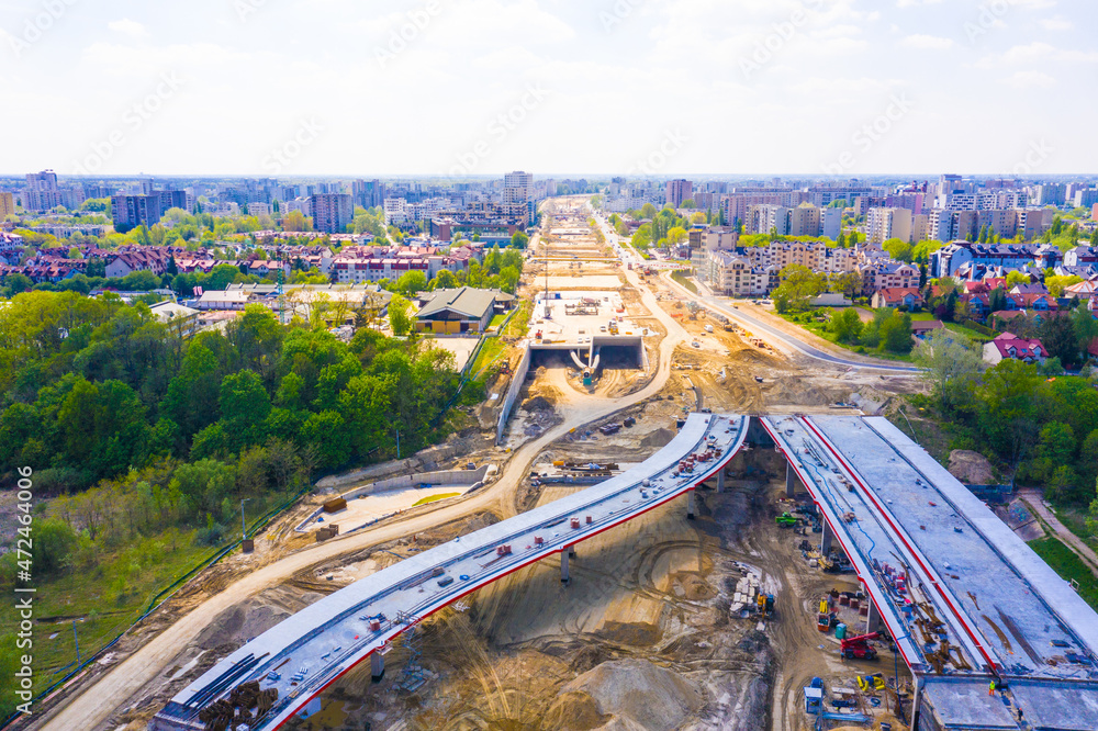 Fototapeta premium aerial top view on the new road construction site. building of n