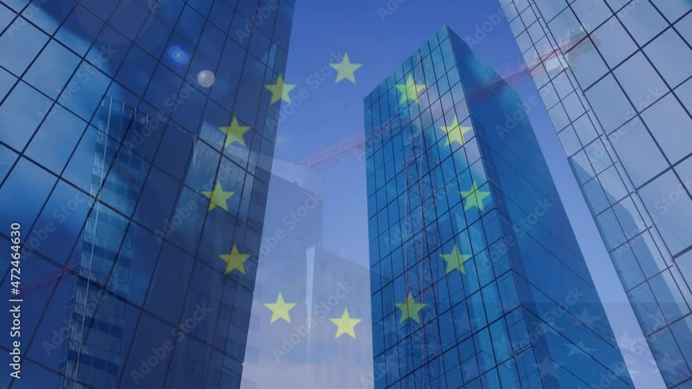 Animation of flag of european union over fast motion crane with high rise buildings in modern city Animation of flag of european union over fast motion crane with high rise buildings in modern city