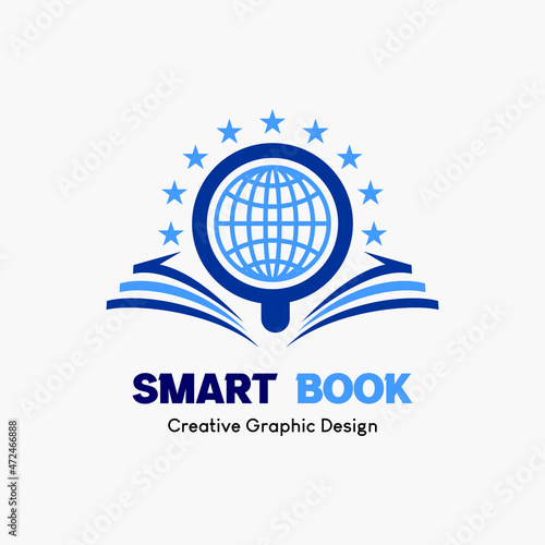 logo symbol for education. globe icon in magnifying glass, star and book icon. education vector logo template.