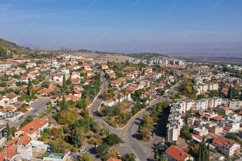 Aerial image of Hatzor Haglilit, a small town at Korazim Plateau in northern Israel near Rosh Pinna and Safed.