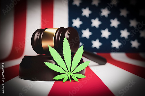 Judge's hammer and cannabis leaf on the background of the American flag.3D rendering.