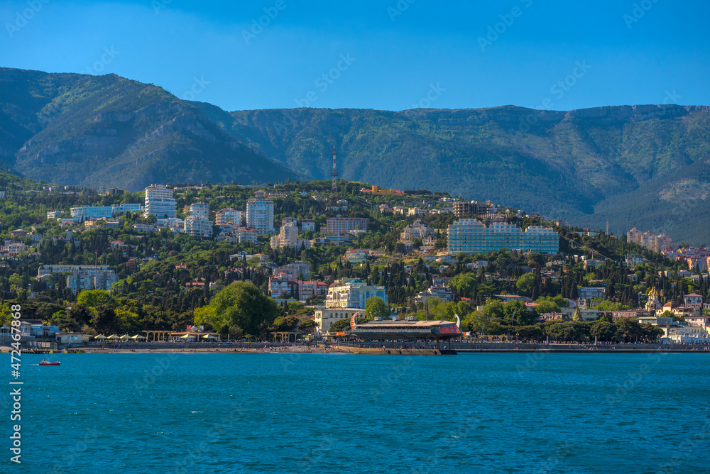 Buildings on the shore. Boat trip from Yalta to Gurzuf.