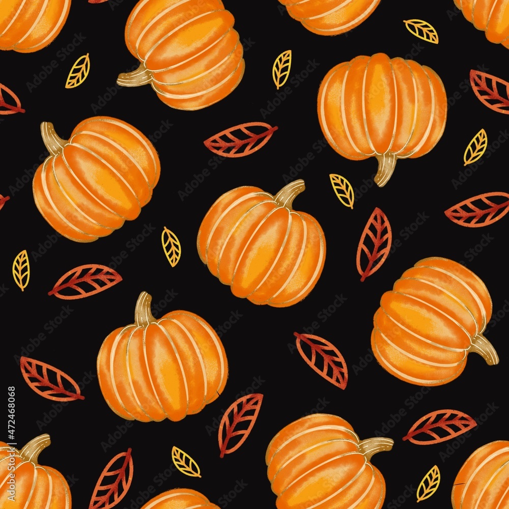 Seamless pattern of pumpkin and leaves on a black background