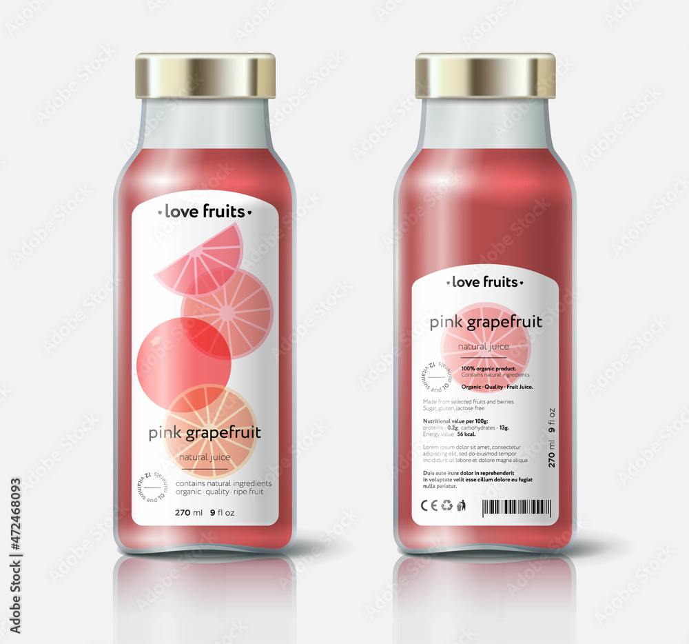Grapefruit juice packaging. Beautiful transparency whole and cut fruits. Bottle template with face and back labels. Grapefruit juice packaging. Beautiful transparency whole and cut fruits. Bottle template with face and back labels.