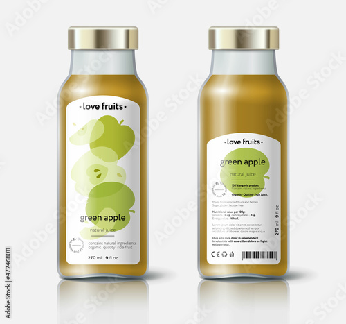 Apple juice packaging. Beautiful transparency whole and cut fruits. Bottle template with face and back labels. 