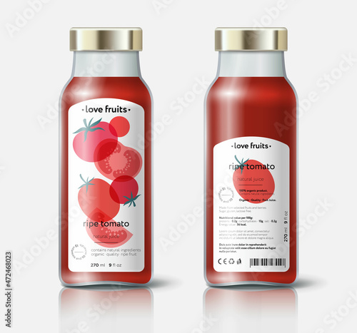 Tomato juice packaging. Beautiful transparency whole and cut fruits. Bottle template with face and back labels. 