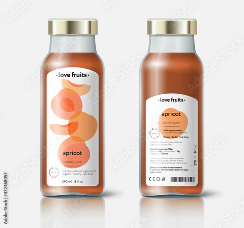 Apricot juice packaging. Beautiful transparency whole and cut fruits. Bottle template with face and back labels. 