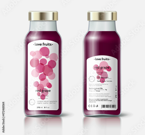 Red grape juice packaging. Beautiful transparency whole and cut fruits. Bottle template with face and back labels. 