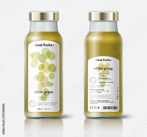 White grape juice packaging. Beautiful transparency whole and cut fruits. Bottle template with face and back labels. 