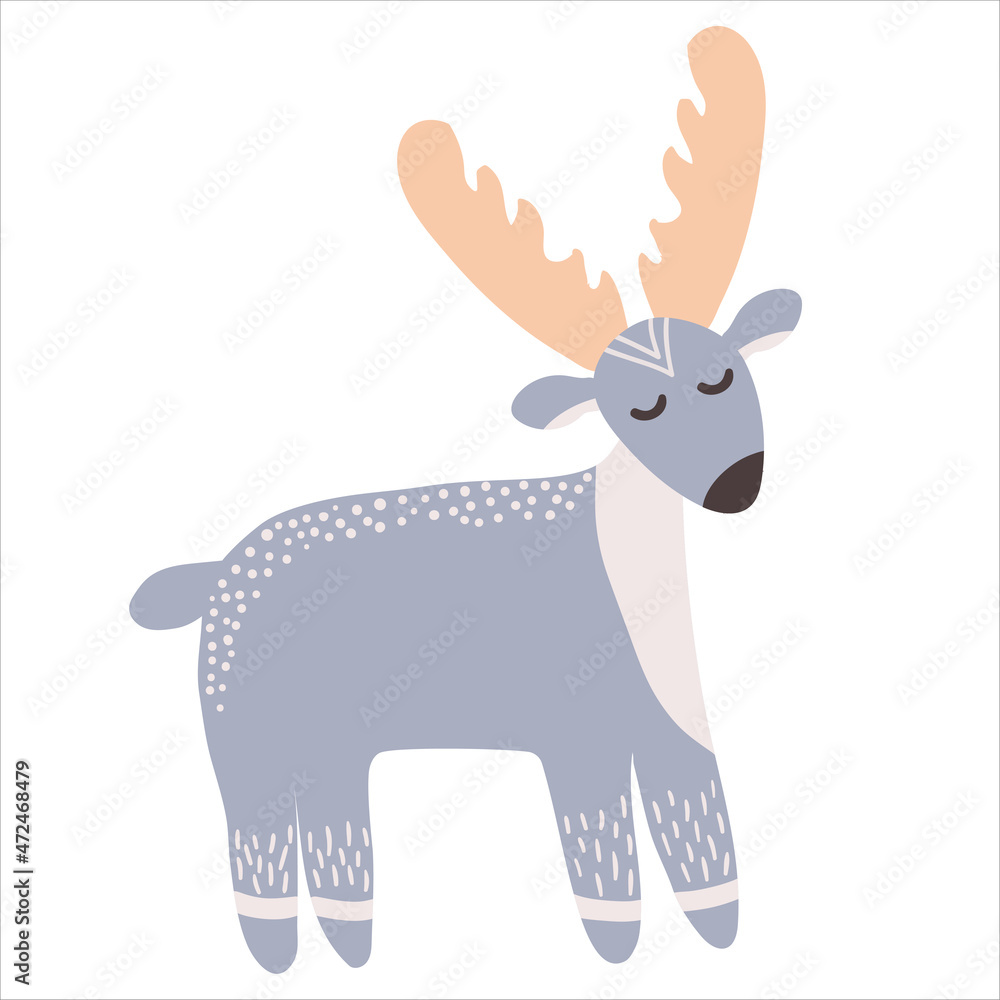 Cartoon deer. Forest animal in scandinavian style.  Children vector illustration. Hand drawn print on shirt