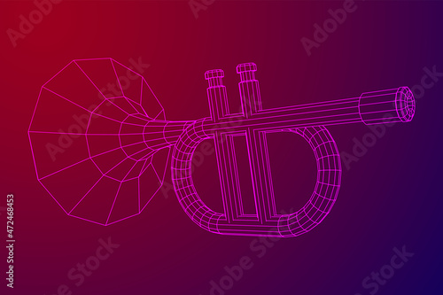 Trumpet pipe fife musiacal instrument. Wireframe low poly mesh vector illustration.