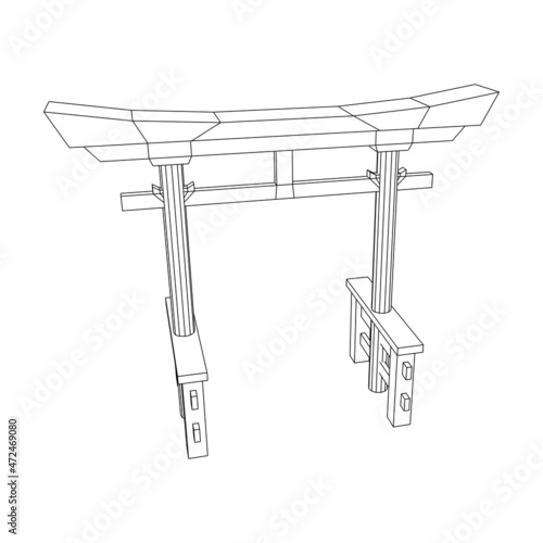 Torii sacred traditional gate. Symbol of Japan,shintoism religion. Japanese Tori arch ancient entrance. Wireframe low poly mesh vector illustration