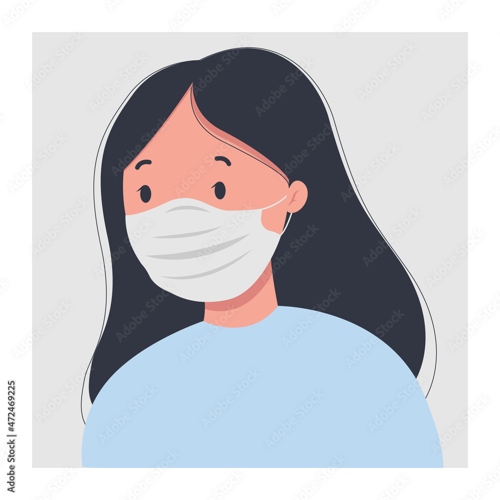 Cartoon portrait of a girl in a medical mask. Vector illustration in flat style isolated on white background. Illustrated in a trendy minimalist style. Virus protection Cartoon portrait of a girl in a medical mask. Vector illustration in flat style isolated on white background. Illustrated in a trendy minimalist style. Virus protection