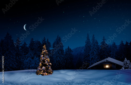 Leuchtender Weihnachtsbaum mit einer Belueuchtetend Hütte in einer Winternach...