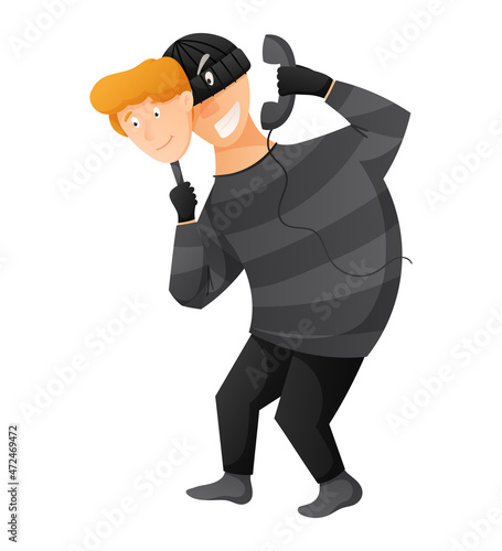 Vector cartoon isolated illustration of calling sly male scammer wearing balaclava. Online or phone fraud, cybercrime concept.