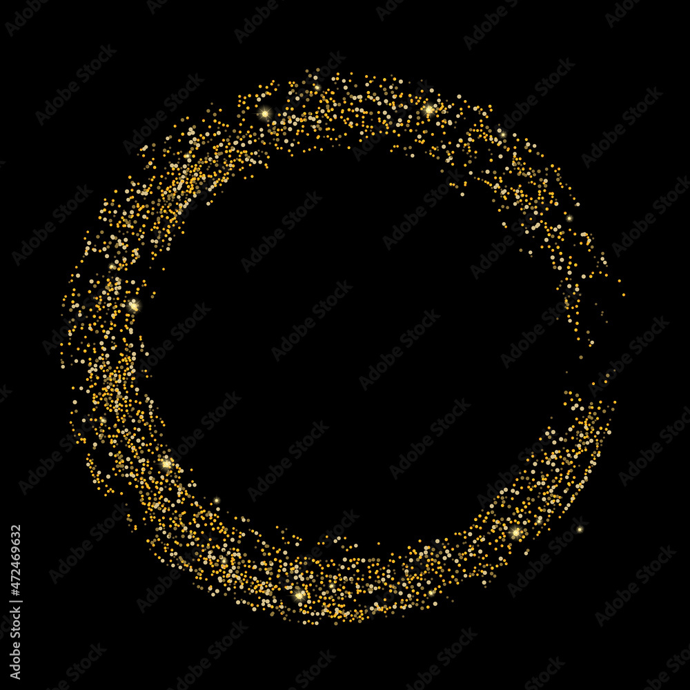 Gold glitter confetti on a black background. Scattered in a circle are shiny particles, sand. Decorative element, golden zen. Luxury background for your design, postcard, vector Gold glitter confetti on a black background. Scattered in a circle are shiny particles, sand. Decorative element, golden zen. Luxury background for your design, postcard, vector