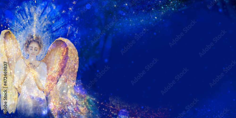 Glitzernder goldener Engel erscheint aus tiefblauem Universum und überbringt eine Fülle funkelnden Lichts, um die Nacht zu erleuchten und liebevoll Hoffnung zu wecken