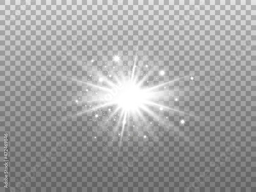 Glowing star isolated on transparent backdrop. White explosion with dust. Silver magic glitter effect. Bright burst with sparkles. Shining Christmas element. Vector illustration
