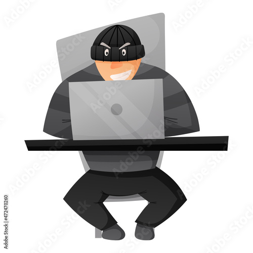 Vector isolated illustration of a thief or scammer in balaclava working at a laptop. Concept of online social media or internet fraud, cybercrime.