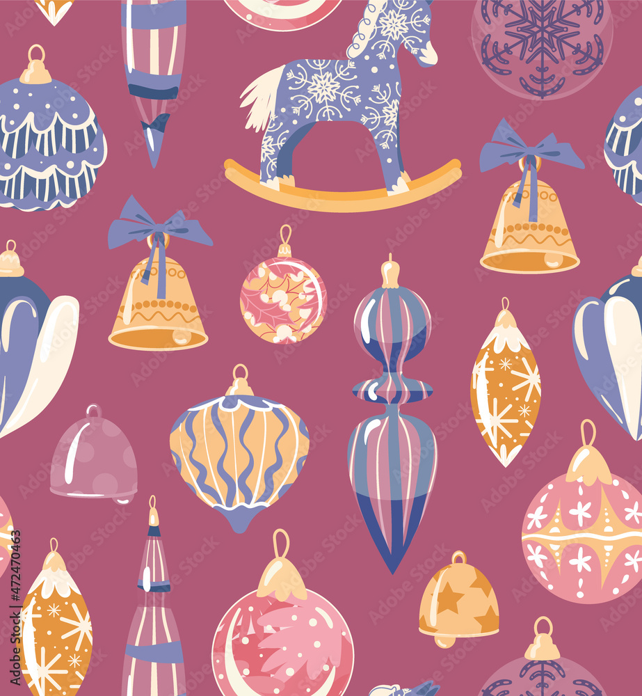Christmas toys vector seamless pattern with ball, bell. toy horse, red bow in trendy color. For poster, card, banner, wrapping paper, textiles, packaging design. Flat style illustration Christmas toys vector seamless pattern with ball, bell. toy horse, red bow in trendy color. For poster, card, banner, wrapping paper, textiles, packaging design. Flat style illustration