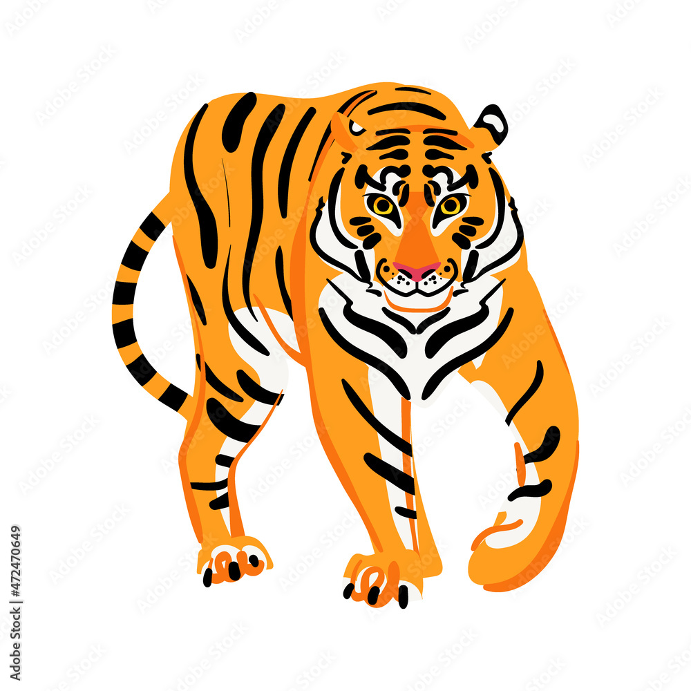 Obraz premium Cute tiger standing pose isolated on white background. Flat style funny vector illustration. Chinese zodiac tiger symbol. Animal character