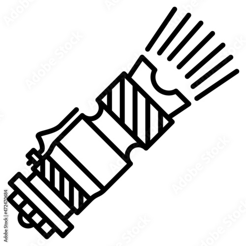 A miniature handheld flashlight with a clothespin on the handle. Metal flashlight with water protection for camping. The tool of a tourist, a traveler outside. Vector icon, outline, isolated