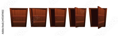 Opening vintage wooden door stages for animation in 2d game. Cartoon vector illustration.