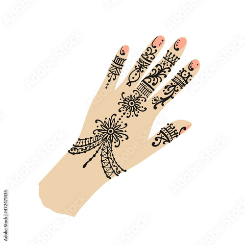 Female Hand with mehendi tattoo ornament for your design. Indian traditional lifestyle.