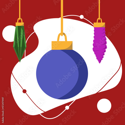 Christmas tree hanging baubel and twisted icicles vector figures in flat style
