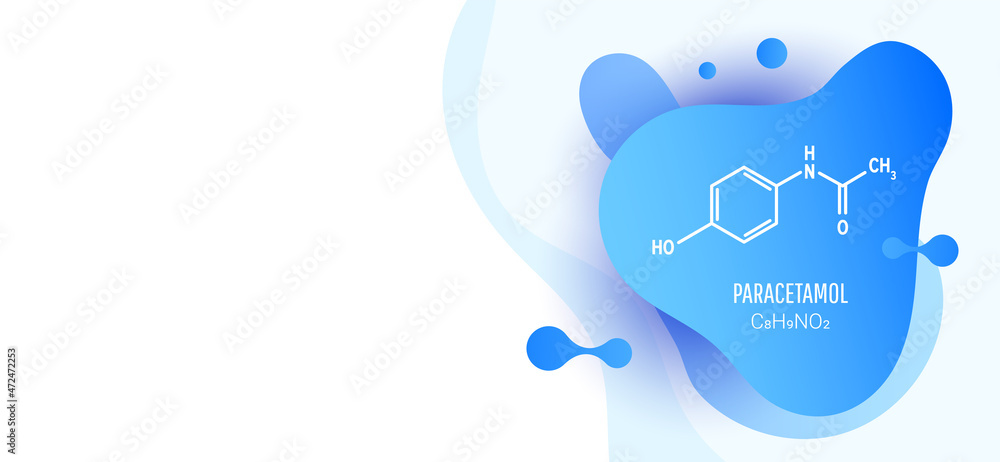 Paracetamol skeletal chemical formula vector illustration with copy space with liquid fluid shapes on white background Paracetamol skeletal chemical formula vector illustration with copy space with liquid fluid shapes on white background