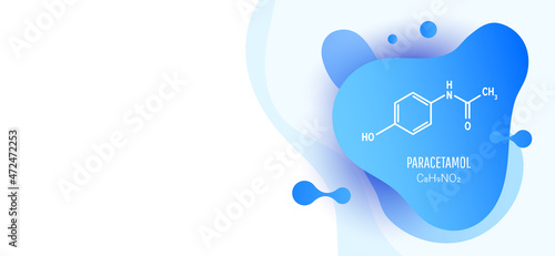 Paracetamol skeletal chemical formula vector illustration with copy space with liquid fluid shapes on white background