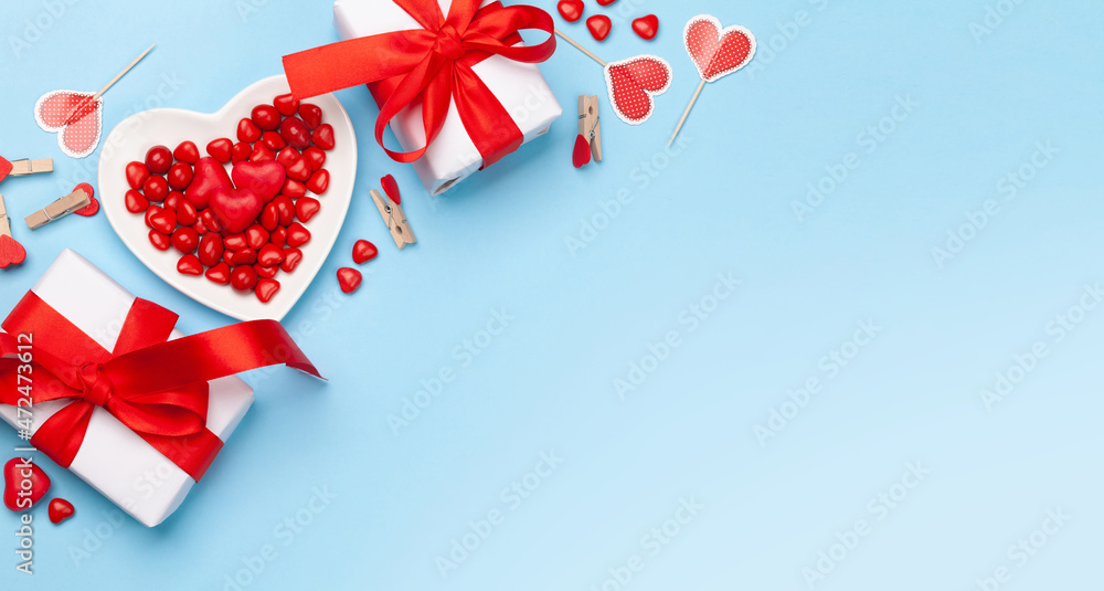 Valentines day greeting card with heart sweets and gift boxes Valentines day greeting card with heart sweets and gift boxes