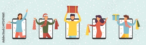 Christmas discounts online. People shop online. Vector illustration.