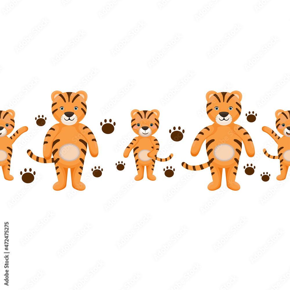 Obraz premium Seamless border with cute tigers. Kids print background.