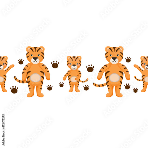 Seamless border with cute tigers. Kids print background.