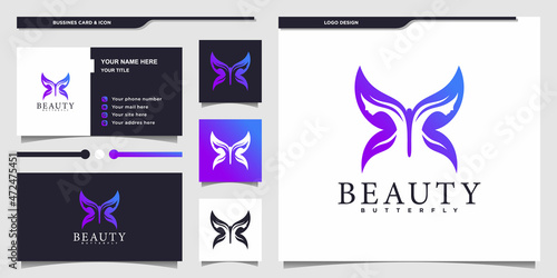 Modern beauty butterfly logo design with cool gradient colour concept and businnes card Premium vektor