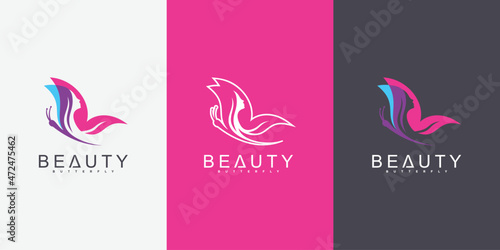 Fototapeta Naklejka Na Ścianę i Meble -  Creative beauty butterfly logo design template with combined  leaf and woman face concept Premium vekto