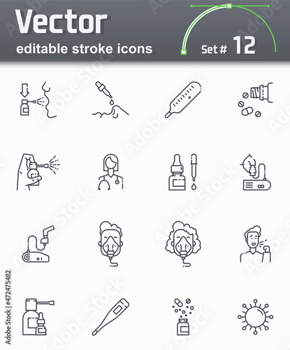 Disease and treatment vector editable stroke line icons isolated